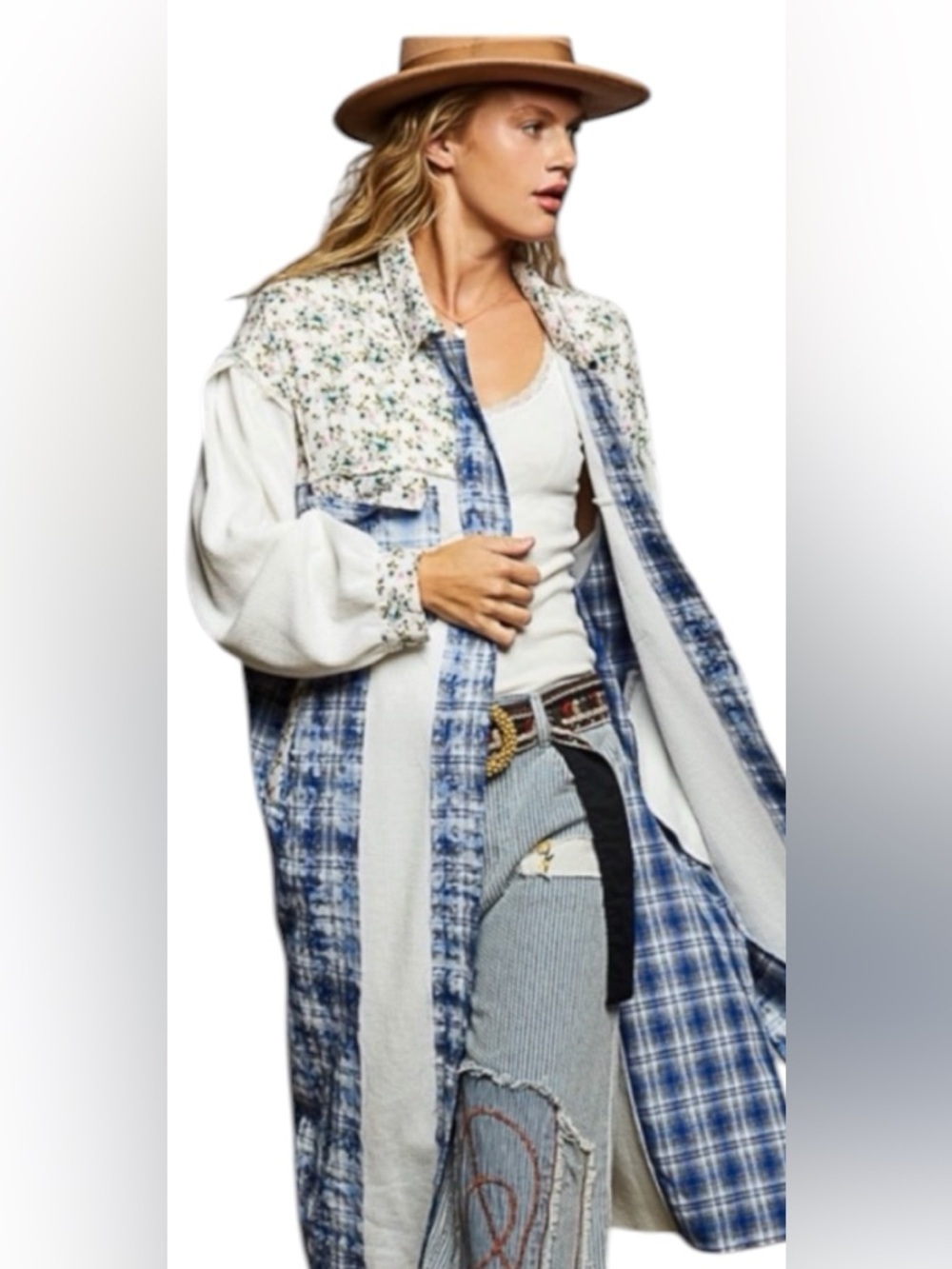 🌸POL Blue Plaid and Cream Mixed-Print Long Coat P006